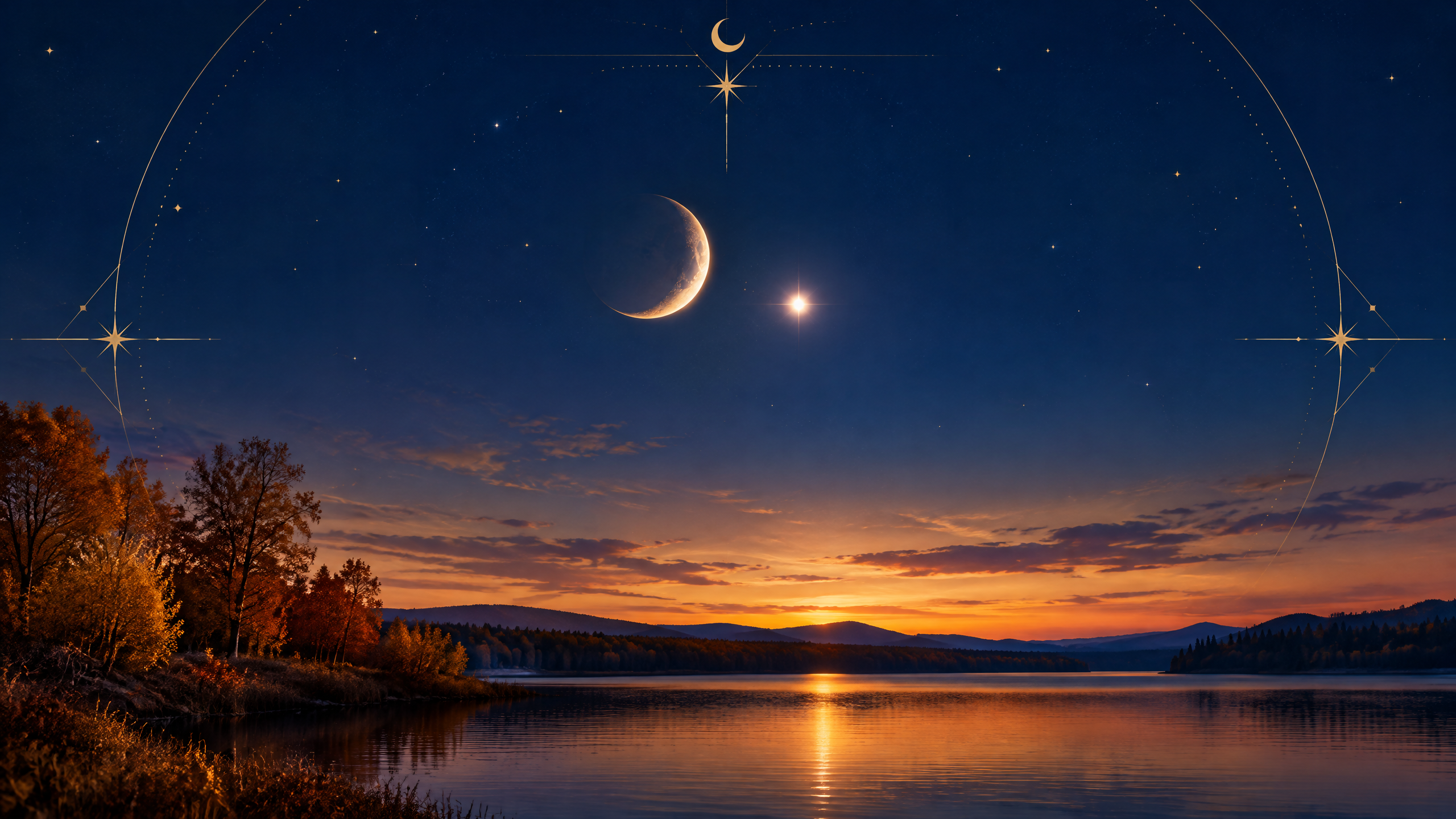 Crescent Moon and bright Venus above an autumn lake at sunset