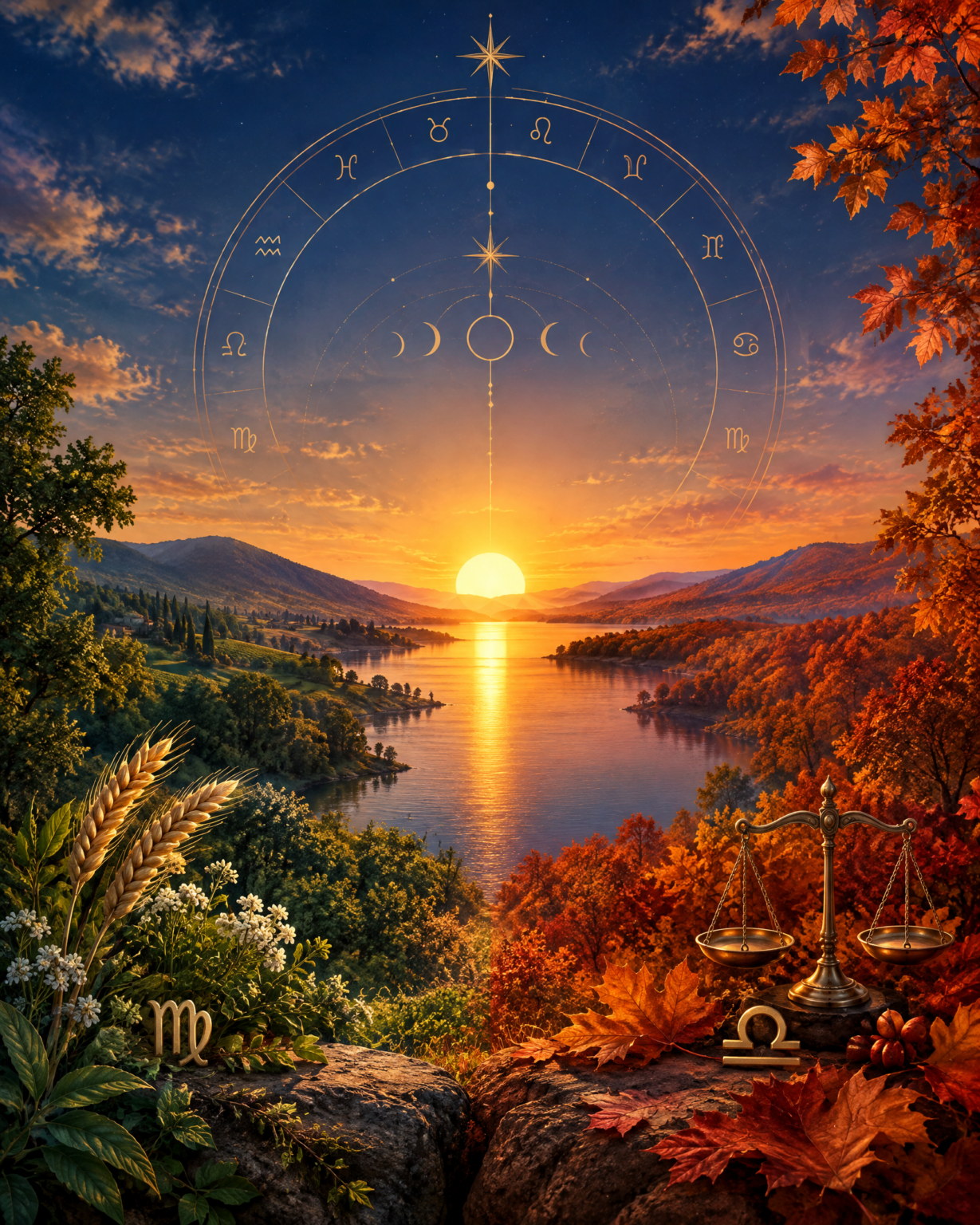 Golden sunset divides a green late-summer landscape from a copper autumn landscape with Virgo and Libra symbols
