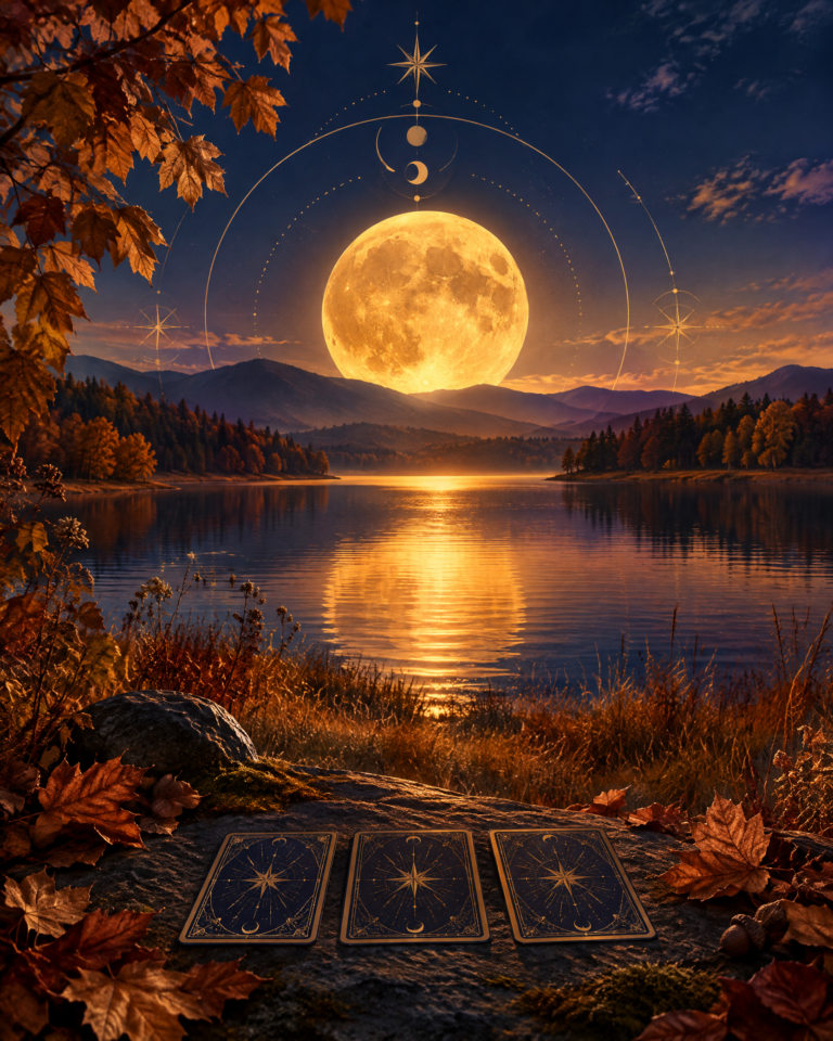 Glowing Harvest Moon above an autumn meadow and calm lake with subtle tarot geometry