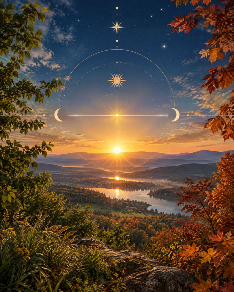 Balanced sunrise over late-summer green and early autumn copper leaves with celestial geometry