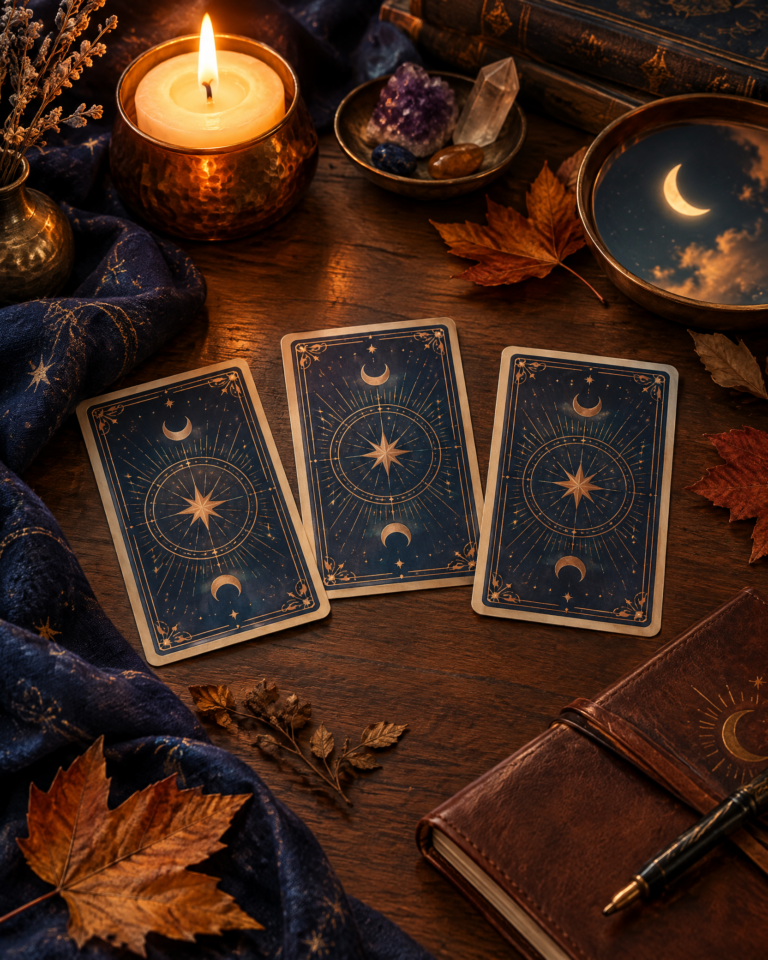 Three tarot cards shown from the back beside a candle, dried autumn leaves, a crescent Moon reflection, and a journal