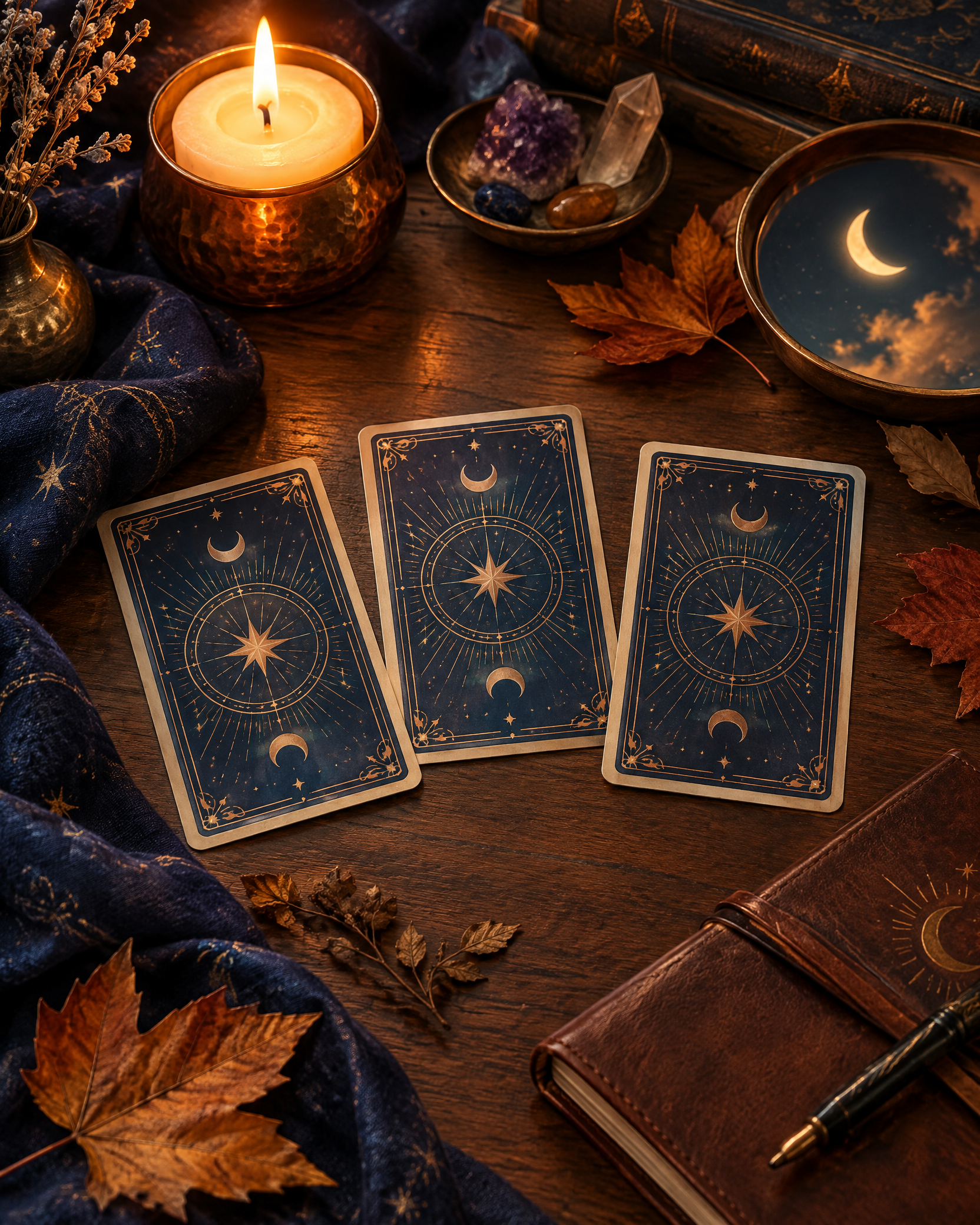 Three tarot cards shown from the back beside a candle, dried autumn leaves, a crescent Moon reflection, and a journal