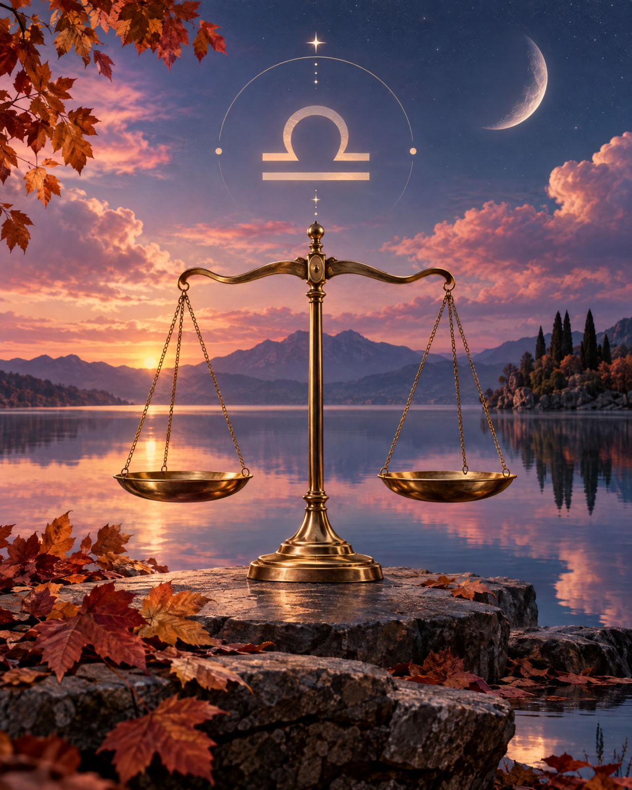 Golden scales balance beneath a rose and indigo twilight sky above a calm lake with autumn leaves and a Libra motif