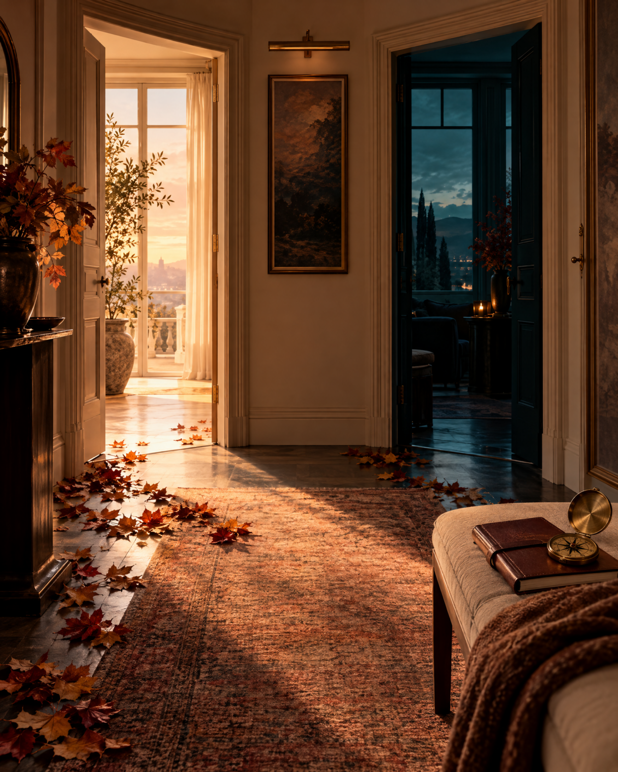 Elegant hallway with two open doorways, autumn leaves, a brass compass, and a closed journal on a bench