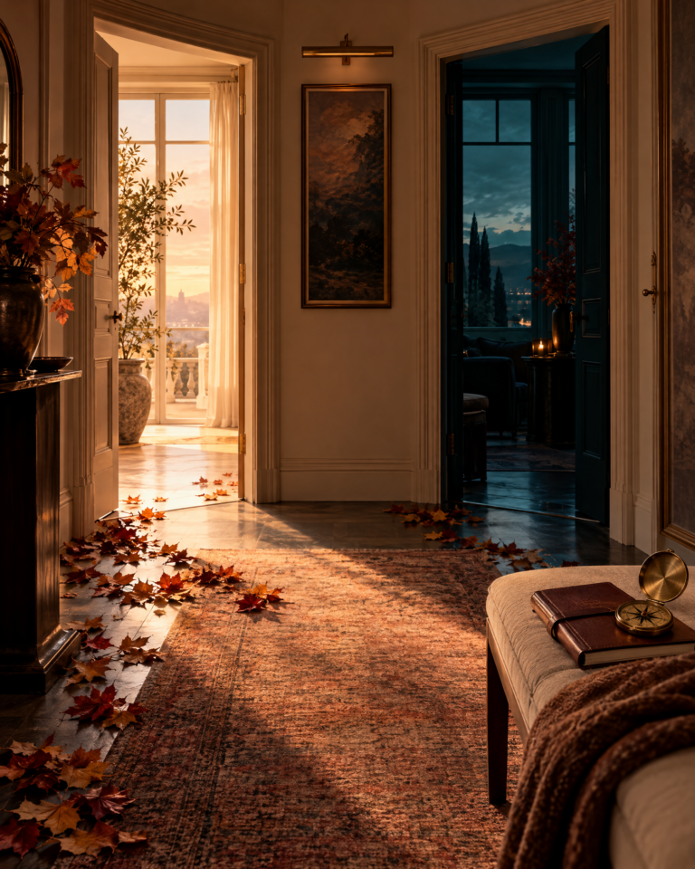 Elegant hallway with two open doorways, autumn leaves, a brass compass, and a closed journal on a bench