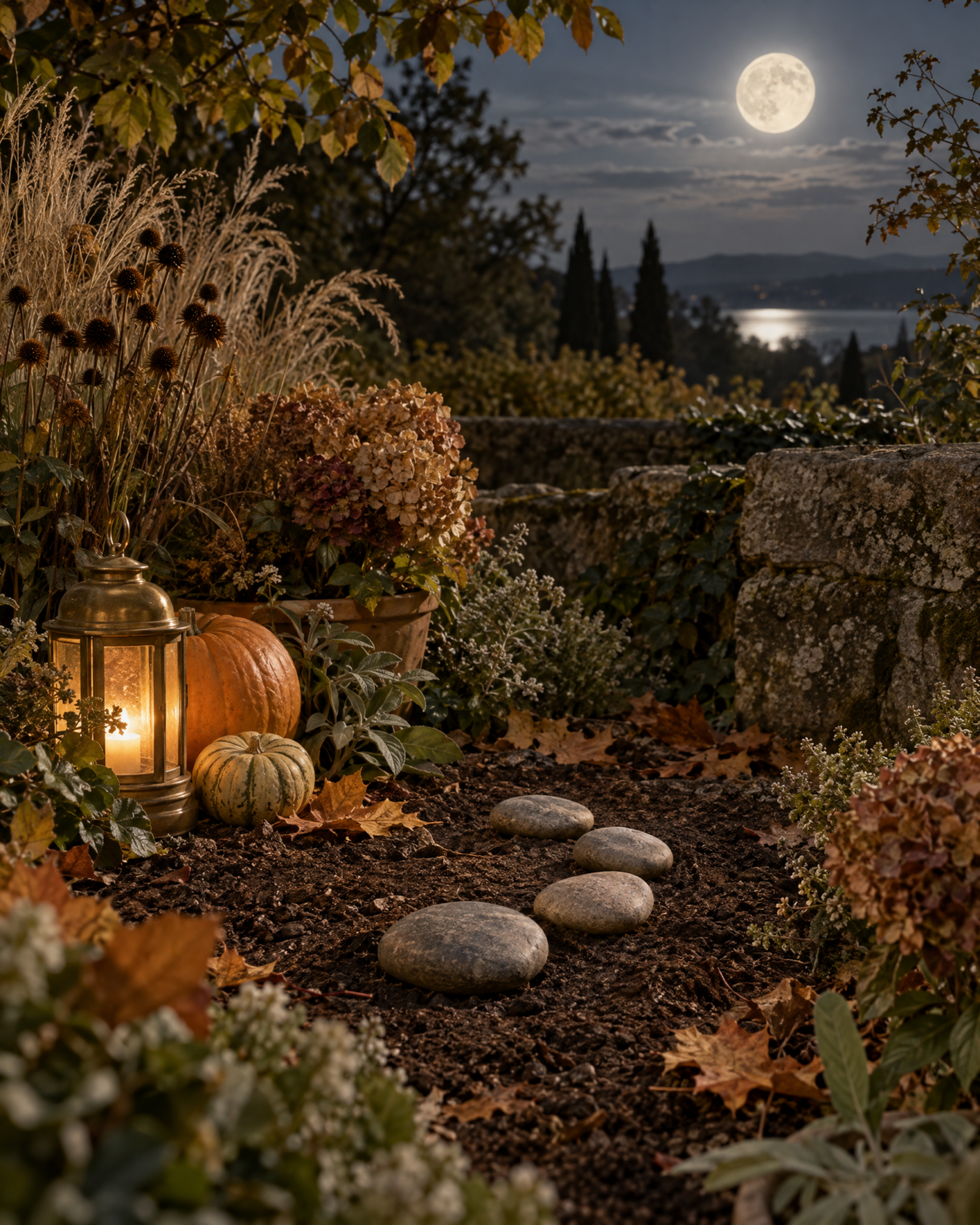 Moonlit autumn garden with five river stones arranged in a spiral beside a brass lantern, pumpkins, and dried grasses