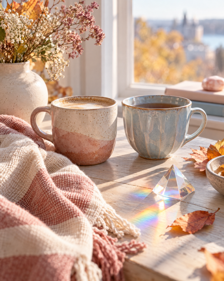 Two ceramic cups beside a folded cream and rose textile, a prism casting rainbow light, and autumn leaves on a sunlit wooden table