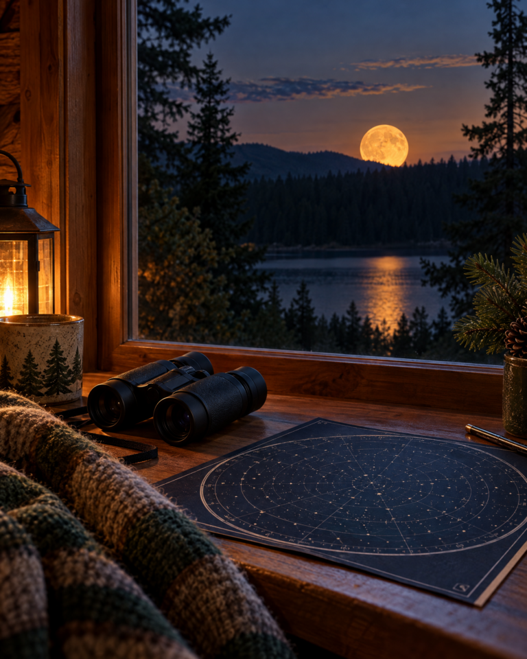 Binoculars and a blank star chart on a cabin windowsill as an amber full Moon rises above a dark tree line