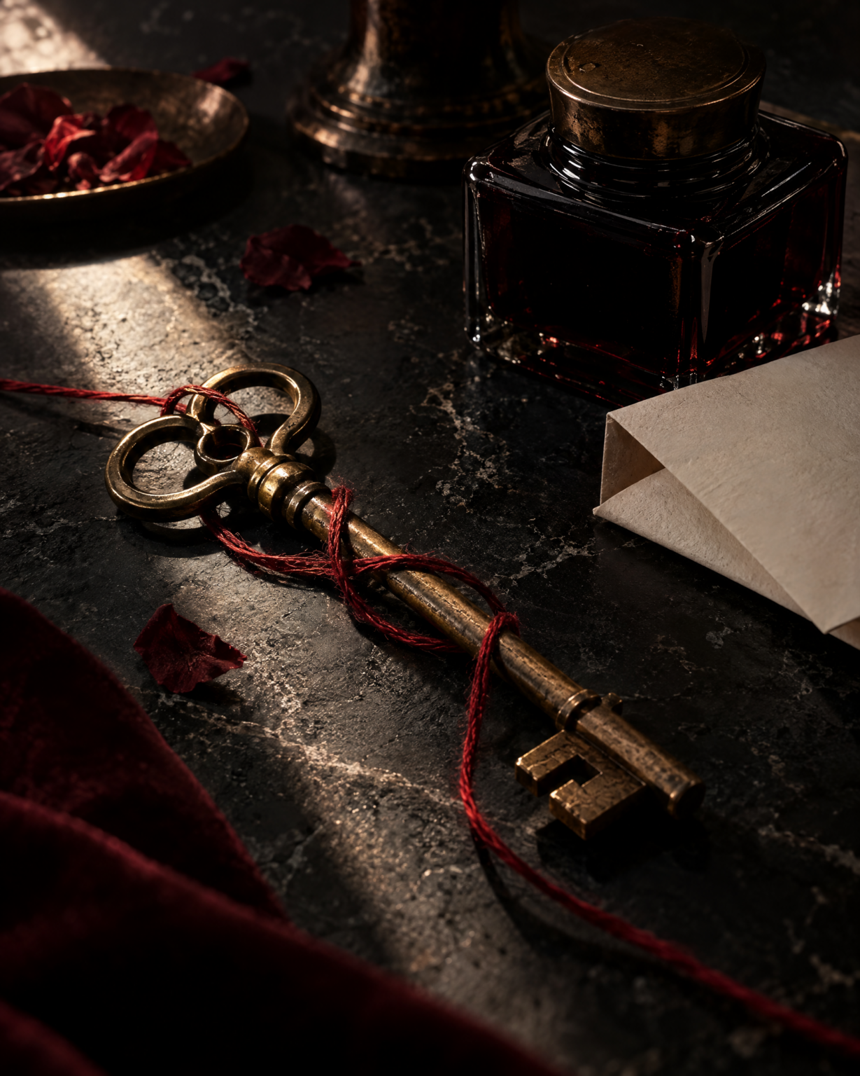 Antique brass key with red thread, dark glass ink bottle, and folded blank paper on a black stone desk