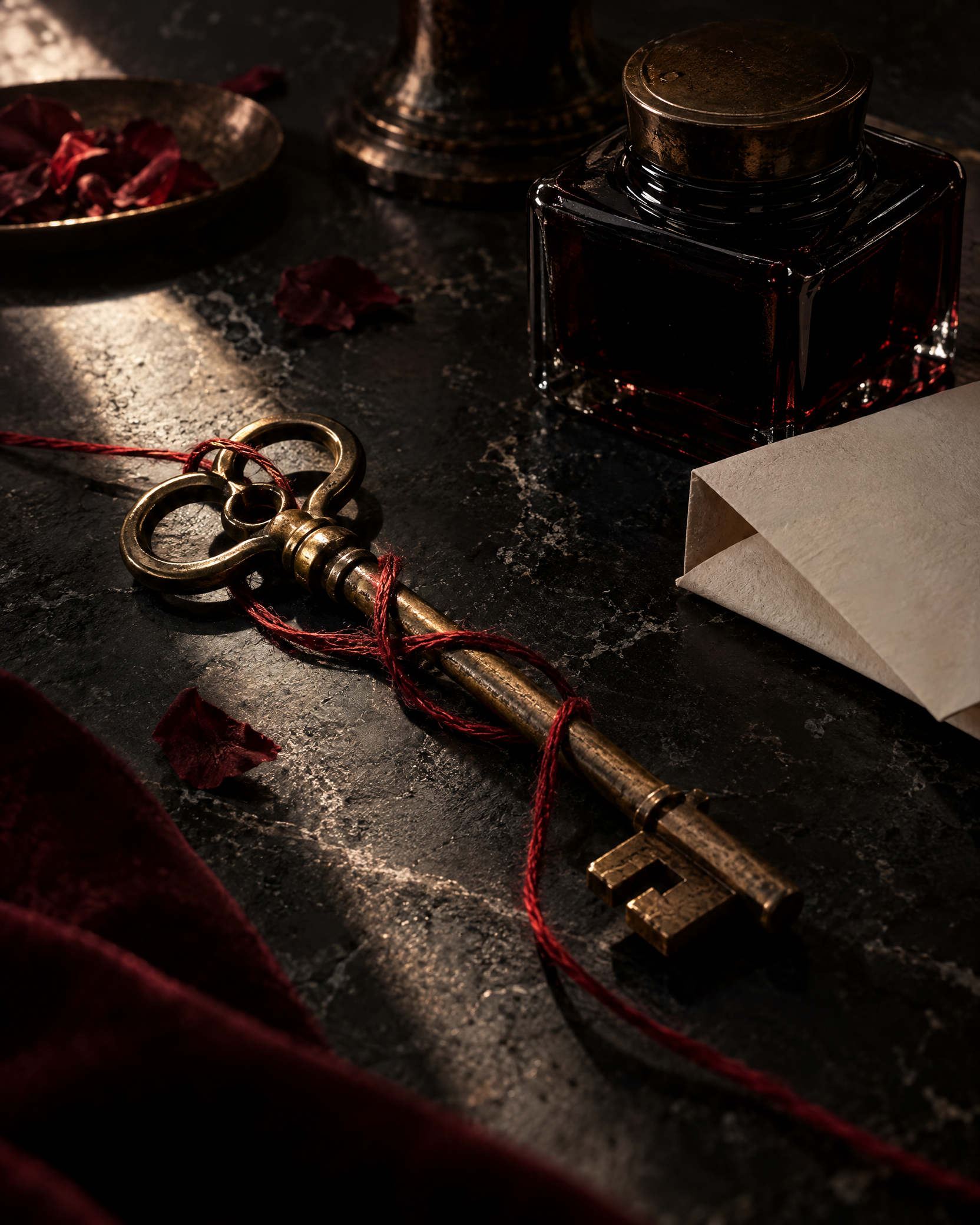Antique brass key with red thread, dark glass ink bottle, and folded blank paper on a black stone desk