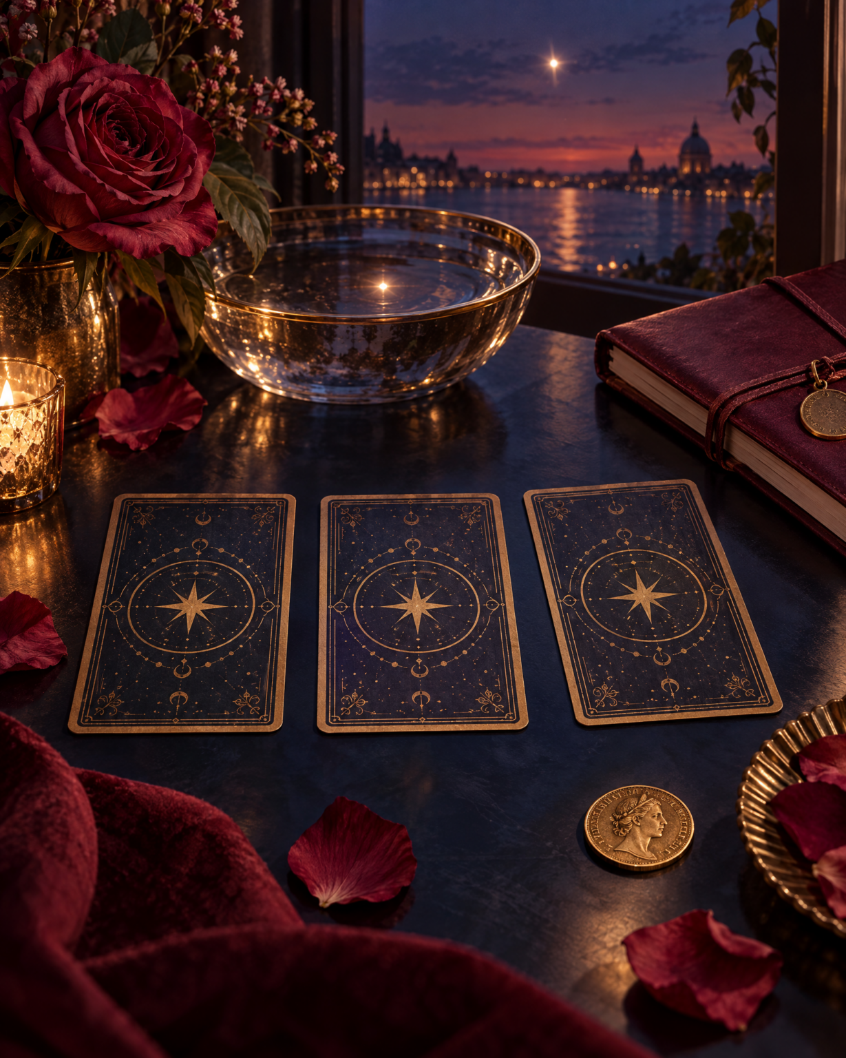 Three tarot cards beside rose petals, a coin, a glowing evening-star reflection, and a blank journal