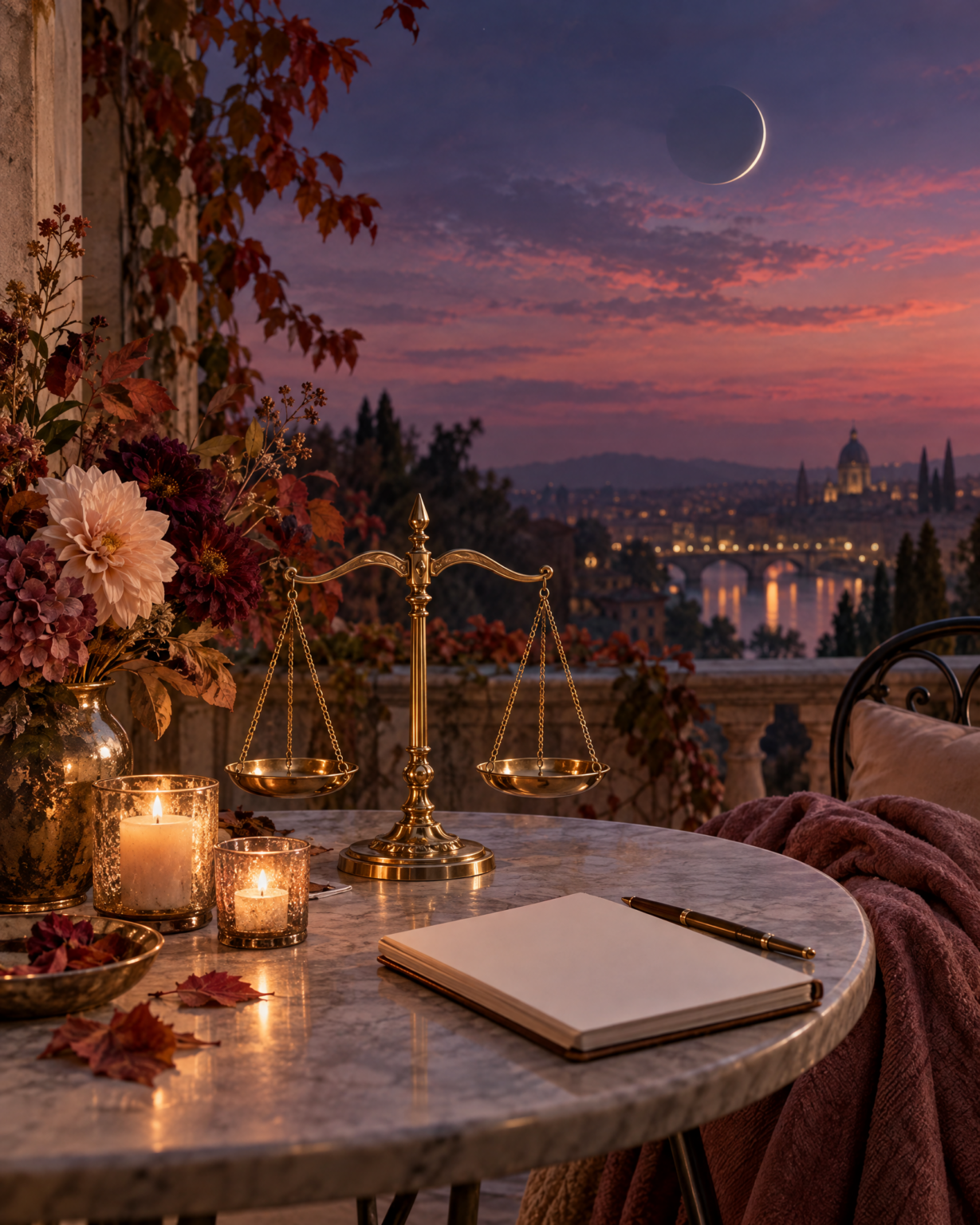 Libra New Moon scene with a slender dark Moon, golden scales, candlelight, autumn flowers, and a journal