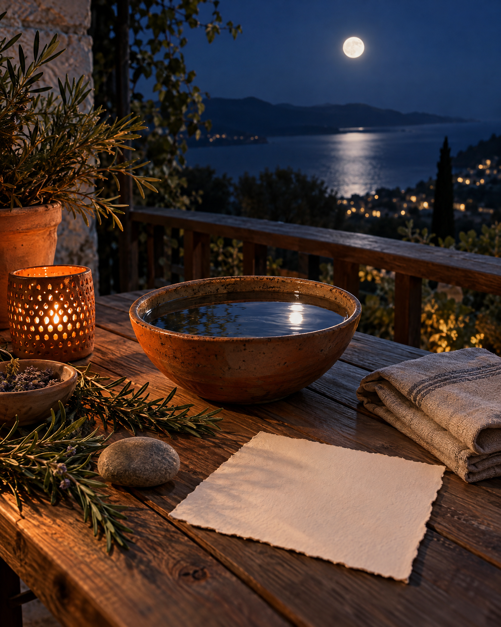 Outdoor evening ritual with moonlit water, rosemary, a smooth stone, and blank paper on a wooden balcony